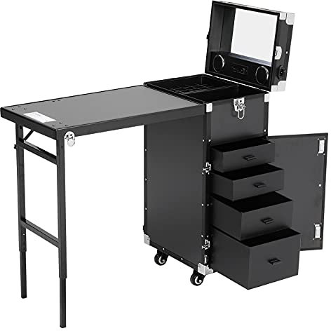 Warmiehomy Professional Manicure Table Nail Station, Portable Nail Desk, Mobile Makeup Trolley Case on Wheels, Nail Beauty Tech Station with Drawers/Mirror/Speaker Lock for Salon Travel Use, Black