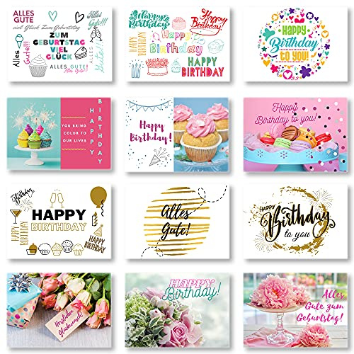Domelo Geburtstagskarten 12er Set mit Umschlag, Happy Birthday Postkarten | Kraftpapier Karten zum Geburtstag, Geburtstagskarte für Mann/Frau/Kinder, Postkarte als Grußkarten. 12 Karten + 12 Umschläge