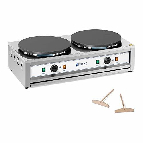 Royal Catering RC-CMD01 Crêpière Électrique Double Pro Machine À Crêpes Plaque En Fonte 40 cm (2 x Ø400 mm, 2 x 3,000 W, 0-300 °C, Inox/Fonte de fer, Téflon)
