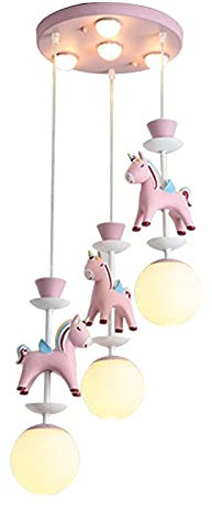 Cartoon Pendelleuchte Moderne Kreativität Harz Pony Design Kinderzimmer Kronleuchter E27 3 Flamme Glaskugel Lampenschirm Jungen Mädchen Zimmer Interieur Dekoration Hängeleuchte für Schlafzimmer,Rosa