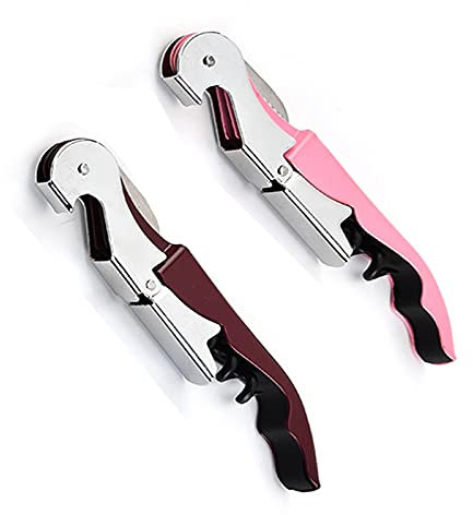 Cavatappi per camerieri, in acciaio inox, con doppia cerniera, apribottiglie di vino, multifunzione, chiave per vino per servitori baristi (rosa e vino)