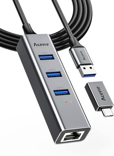 Aceele Hub USB 3.0 Ethernet, Câble d'extension de 3.3ft, Répartiteur C pour Adaptateur USB Rj45 en Aluminium avec 1 Port LAN RJ45, 3 Ports de données USB et Un Adaptateur C USB pour Macbook, Surface.