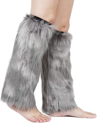 Pinkgarden Womens Fur Leg Warmer Furry Long Boot Cuffs Cover,Grey