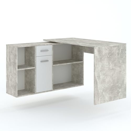 Oggi Ruffi Eckschreibtisch Diego mit Regal B 122 cm H 75 cm 6 Einlegeböden 1 Schublade 1 Tür Schrankraum aus Schichtstoffplatte Leuchtet in Matter Farbe Beton und Weiß
