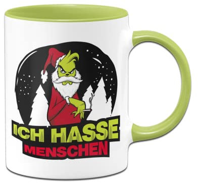 Tassenbrennerei Grinch Tasse mit Spruch: Ich hasse Menschen - Kaffeetasse, Weihnachtstasse lustig (Hellgrün)