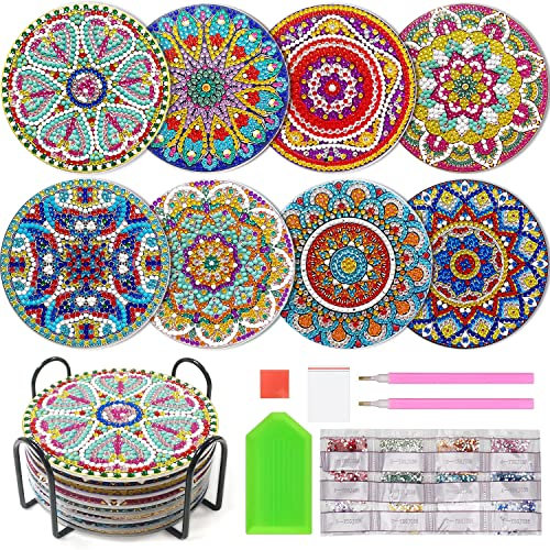 DINGHENG Diamond Painting Untersetzer, 8 STK Runde Diamant Art Mandala Untersetzer mit Halter, Boho Deko Painting DIY Zubehör Set, Mehrfarbig, Acryl, Rund, Coaster