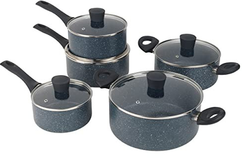 Russell Hobbs RH02818EU7 Pan Set - 5 Piece Non-Stick Kitchen Cookware, 16/18/20cm Saucepans, 20/24cm Stockpots, Tempered Glass Lids, Soft-Touch Handles, Easy Clean, Blue Marble, Nightfall Stone