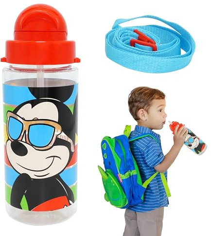 Mickey Mouse - Botella de agua para niños, a prueba de fugas, sin BPA, botella de 500 ml con correa, botella de agua para niños
