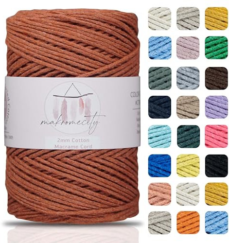 Makromecity, Cotton Macrame Cord 2mm x 195 Yards (590 feet) 2mm Recycled Cotton Crochet Yarn for Macrame Art & Crafts for Wall Hangings, Bags, Underplate, Rug (25 Colors Available) (Brick)