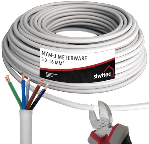 siwitec NYM-J 5x16 mm² Kabel, Mantelleitung, Installationskabel, Feuchtraumkabel in grau, exakt zugeschnittene Meterware in Profi-Qualität, Länge (aktuelle Auswahl) = 16 Meter