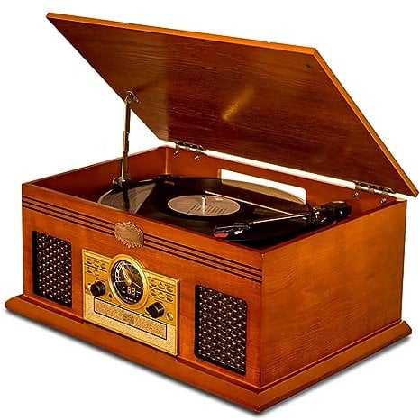 MegLob Retro Phonograph, Old School Vinyl Turntable, Vintage Vinyl Playback Box, Vinyl CD Integrated Jukebox, Multi-Functional Record Player, Built-In 10W Dual Speakers, Support 33/45/78 Speed,Brown