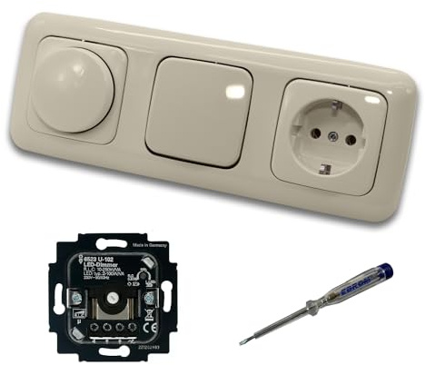 Busch Jäger 6523U-102 LED Drehdimmer Dimmer + Dimmerscheibe 2115-212 + Lichtschalter 2000/6 US + Steckdose 20EUC-212 DURO2000 cremeweiß glänzend + EBROM Phasenprüfer z. Montage der Geräte 6523 U – 102