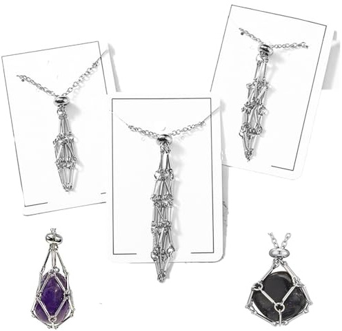 BOSOIRSOU 3 Stück Kristallhalter-Halsketten, Edelstahlkäfige für Steine, verstellbarer Schmuck aus natürlichen Edelsteinen, handgefertigte Kristallkäfig-Halsketten für Männer und Frauen