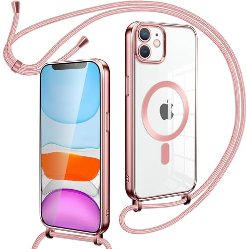 Oelrstfe Magnetische handyband mit Band für iPhone 11 Hülle - Necklace HandyHülle Transparente zum Umhängen mit justierbarer und Abnehmbarer Kette, Crossbody Magnet Clear Cover - Rose-Gold
