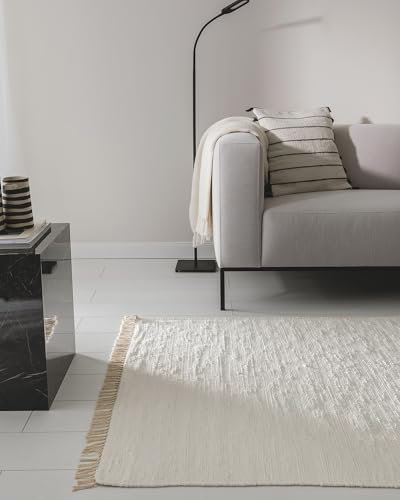 benuta Pop Baumwollteppich Tom - Creme 80x150 cm - Handgewebter Wohnzimmer Teppich - 100% Recycelte Baumwolle - Für Fußbodenheizung geeignet