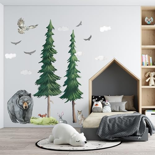 Waldtiere Wandtattoo, Kinderzimmer Wandtattoo Kinder Wandtattoos, wilde Aquarell Tiere - Bär, Baribal, Luchs, Eule, Bäume