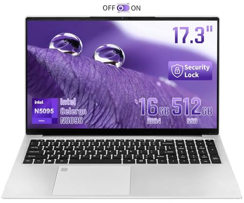 UDKED 17.3 Laptop, Celeron N5095 (Up to 2.9 GHz) 180° opening and closing Notebook PC,Large FHD IPS display, 16G RAM DDR4, HDMI, Fingerprint recognition,Backlit Keyboard (Silver, 16G+512G)