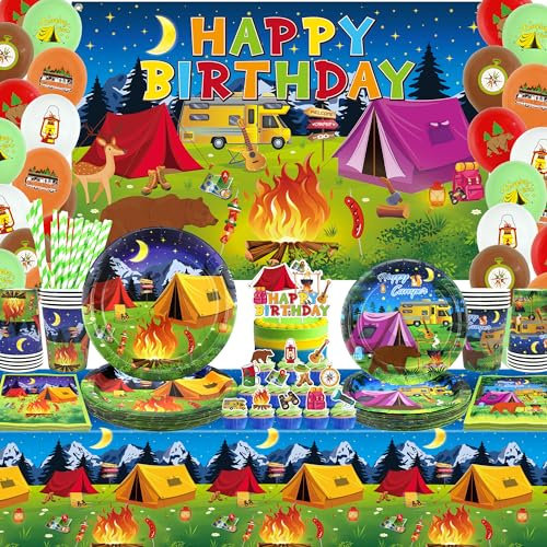 Camping Birthday Party Decoration - Camping Party Tableware, Plates Cups Napkins Camping Tablecloth Happy Birthday Backdrop Balloons Cake Toppers for Boy Camper Campfire Forest Picnic Adventure
