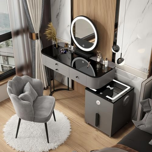 MJKCBD Dressing Table with LED Lights Mirror - Grey Vanity Makeup Table Set with Bluetooth Speaker & USB/Wireless Charging, 5 Drawers and Cushioned Stool (Table+Chair+Cabinet) 31.5″