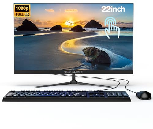 SAINTDISE 22 FHD All-in-One PC with a IPS multi-touch display Desktop Computer, Celeron N5095 processor, 8GB RAM, and 512GB SSD. Features dual-band WiFi, Bluetooth, and includes a keyboard and mouse.