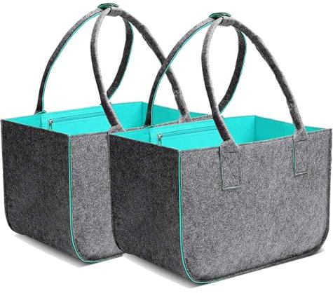 Duscdesp 2 Stück 30L Filztaschen Shopper Groß, Einkaufstasche Faltbar Filz Einkaufskorb mit Lange Henkel, Stabiler Einkaufs Tasche mit Innentasche, Filztasche Kaminholz Filzkorb (Dunkelgrau/Türkis)
