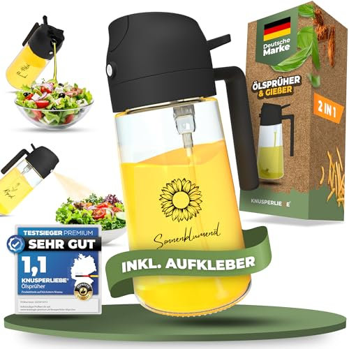 KNUSPERLIEBE® Pulverizador de aceite 2 en 1 y dispensador de aceite de cocina de 470 ml, incluye 5 pegatinas, ideal para airfryer, botella de aceite de oliva, atomizador de aceite, pulverizador de