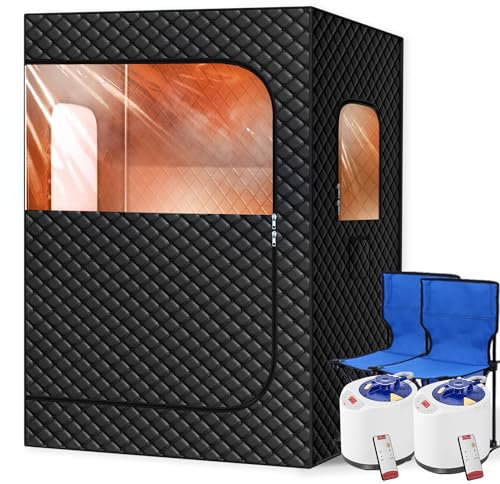 Tehanld Sauna a vapore portatile per 2 persone, per la casa, extra large, 2 piroscafi, 2 sedie pieghevoli e telecomando, nero