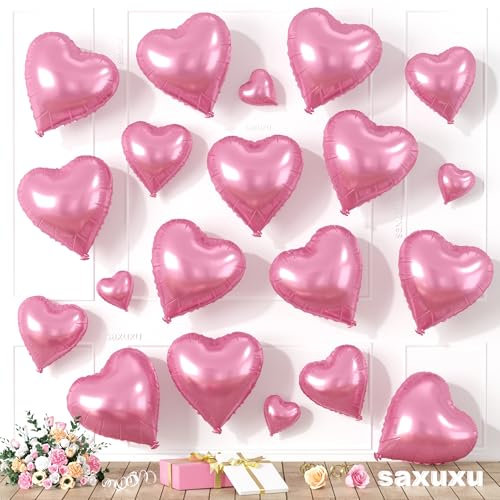 Saxuxu Pink Heart Balloons, 20 Pcs 5/10/18 inch Foil Love Balloons for Valentine's Day Decorations, Wedding, Engagement, Bridal Showers, Anniversary Celebrations