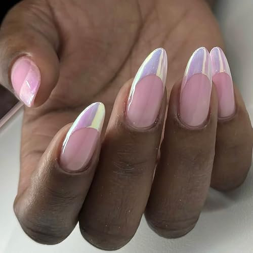 24PCS Almond Press on Nails - Shimmer Aurora Nails French Tip - Nude Fase Nail with Glue - Long Stick on nails for Women - Full Cover White Fake Nail Tips Glue on French Manicure