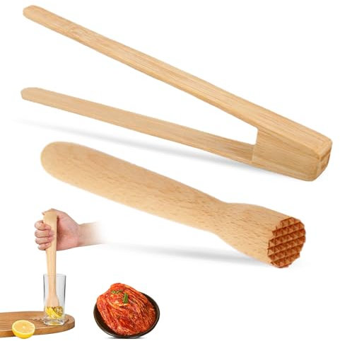 Fermentier Stampfer, Krautstampfer mit Holzzange Set Cocktail Stößel Holz 21cm Holzstampfer Sauerkrautstampfer Fermentier Zubehör zum idealen Fermentieren von Sauerkraut
