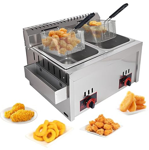 Commercial Gas Deep Fryer - 10L+10L Stainless Steel Countertop Deep Fat Fryer with Basket and Seasoning Trough for Restaurant and Home Cooking Chips & Fries