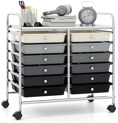 GIANTEX Rollwagen mit 12 stapelbaren Schubladen, Schubladenwagen mit Rollen & Arbeitsplatte, Badrollwagen für Wohnzimmer, Küchen, Schlafzimmer & Büros, 64 x 38 x 62 cm (Schwarz + Grau)