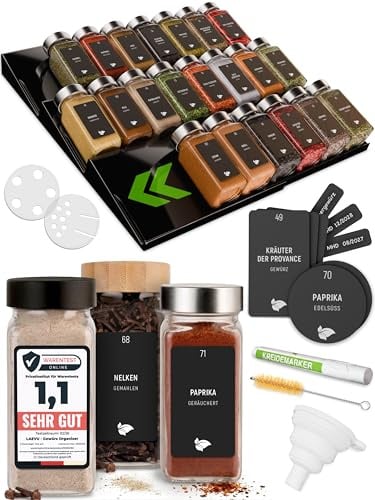 LAEVU Gewürzregal Schublade mit Gläsern, 24er Set Edelstahl, ausziehbar | Komplettset mit 350 Gewürzetiketten, 48 Streueinsätzen und Kreidemarker, passt in Schubladen ab 7,2 cm Innenhöhe