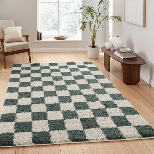 Chester Checkered Soft Shaggy Living Room Area Rug, Jade Green, 120x170cm