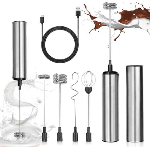 Milchaufschäumer Elektrisch, Milchaufschäumer Stab mit 3 Einstellbare Geschwindigkeiten Edelstahl und 5 Wechselbaren Edelstahl-Schneebesen, USB Elektrischer Schaummacher, Aufschäumer für Kaffee Creme