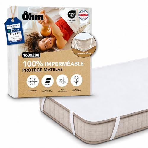 Ôhm Matratzenschoner 160x200 cm wasserdicht, atmungsaktive Baumwoll-Auflage, Schutz für Allergiker, Inkontinenz und Kinder, Anti-Milben, Elastikbänder bis 40 cm, Oeko-Tex