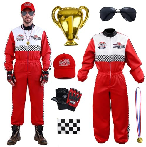 Kitimi Rennfahrer Kostüm Herren, Roter Rennfahrer Overall mit Hut Sonnenbrille Handschuhe Karierte Flagge Medaille Ballon, Racing Kostüm für Erwachsene Karneval Halloween Cosplay
