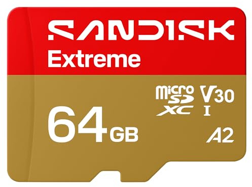 SANDISK Extreme Carte microSDHC UHS-I + SD Adapter, 64 Go (Jusqu’à 170 Mo/s en Lecture et 80 Mo/s en écriture, vidéo 5K, C10, V30, U3, A2)