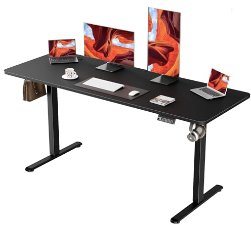 ERGOMAKER Electric Standing Desk 160x60cm, 2 Memory Presets, Black | 73-118cm Lift, 70kg load, 2 Hooks, Smart Panel Safety Lock, Cable Management, Splice Board, for Home Office Gaming