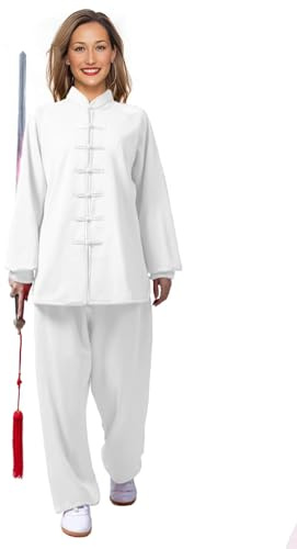 Unisex Cotton Slik Traditional Chinese Tai Chi Uniform for Women Martial Arts Practice Kung Fu Suit for Men Morning Exercises Outfit Clothing Medium White