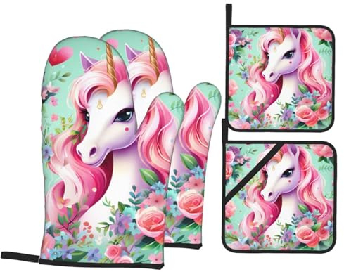 Pinkes Einhorn-Backset, Ofenhandschuhe und Topflappen mit wasserdichtem und Hitzeschutz-Design