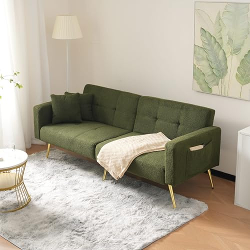 Escfurrer Verstellbares Futon-Sofabett mit Metallstützbeinen, 2 Wurfkissen und Arm-Seitentasche, 175 x 64 x 72 cm, umwandelbare Multi-Winkel-Schlafcouch für Wohnzimmer, Wohnung, Gästezimmer, Grün