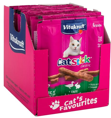 Vitakraft Cat Stick Classic, snack gatto, bastoncino con carne, con anatra e coniglio, confezione scorta (10x 36g)