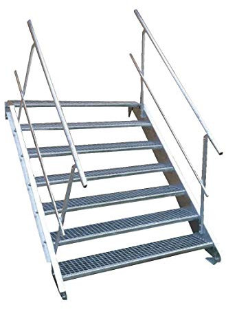 7 Stufen Stahltreppe mit beidseitigem Geländer/Breite 150cm Geschosshöhe 100-140cm / Robuste Außentreppe/Wangentreppe/Stabile Industrietreppe für den Außenbereich/Inklusive Zubehör