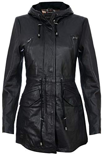 Women's Leather Hooded Parker Jacket Multi-Pocket Trench Coat