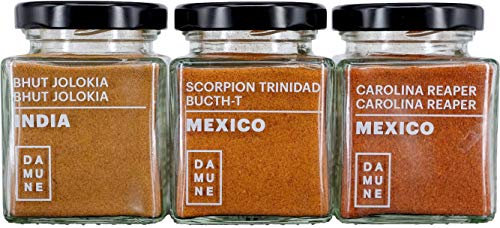 DAMUNE Die schärfsten Chilis der Welt: Carolina Reaper Pulver (45g), Bhut Jolokia Pulver (45g) & Scorpion Trinidad Butch T Pulver (45g)