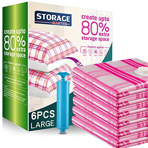 Storage Master Vacuum Storage Bags, 8-pack Jumbo Size Space Saver Bags 80% More Storage Space with Hand Pump (6 Large)