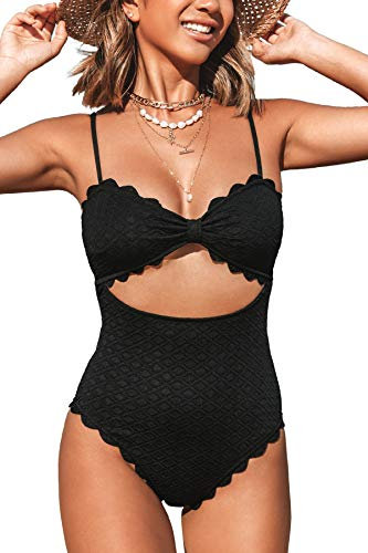 CUPSHE Women's One Piece Swimsuit Sexy Cutout Scallop Trim Bathing Suit Swimming Costume Black M