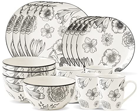 Safdie & Co. Bouquet 16 Piece Dinnerware Set, Service for 4, Fiesta Dinnerware, Home Trends and Home Food Network Essentials, Porcelain Dinner Plates, White/Black, 16 L x 12 W x 15 H