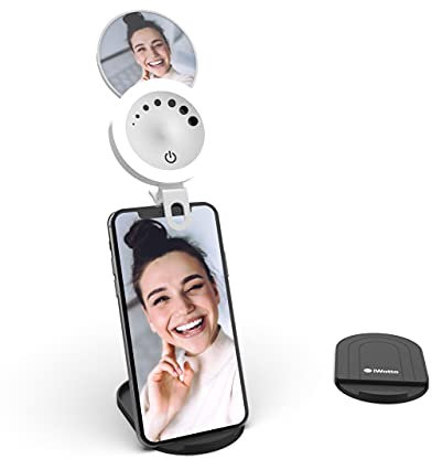 iWotto Aro de Luz LED para Móvil con Stand y Espejo - 3 Modos y 7 Intensidades de Luz - Anillo Luz para Selfie, TikTok - Ring Light Recarga USB - 24 LEDs Universal para Smartphone, Tablet - Blanco